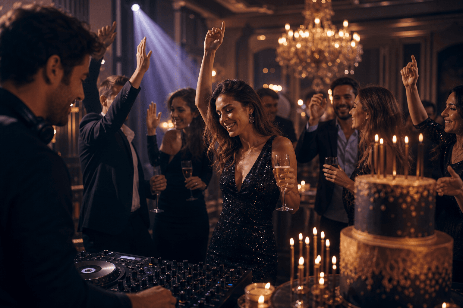 Elegante Geburtstagsfeier mit Gästen, Kerzen und DJ-Setup