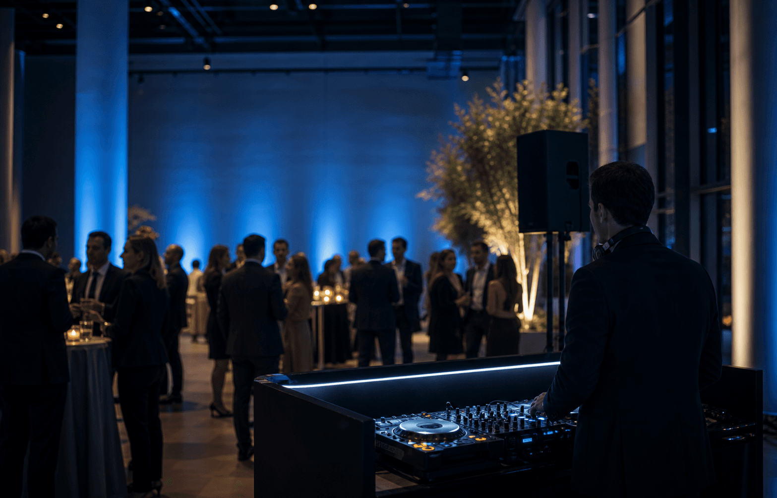 Corporate Event mit DJ-Setup und blauer Ambientebeleuchtung